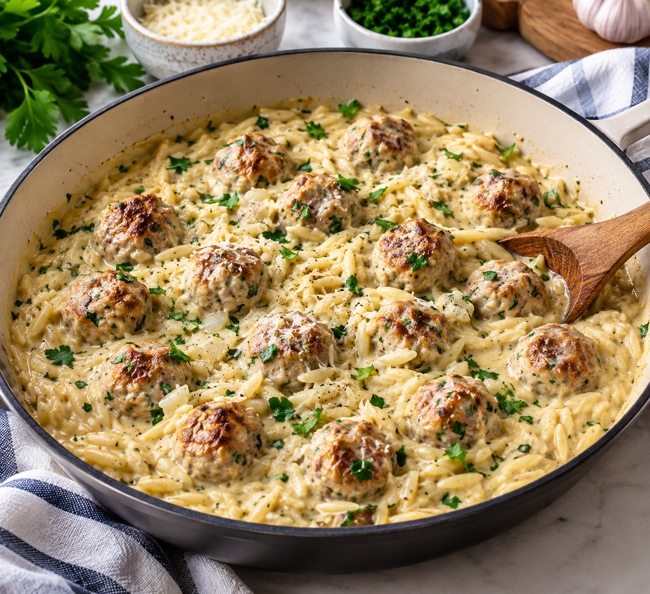 Creamy Chicken Meatballs with Garlic Parmesan Orzo 1 meatballs