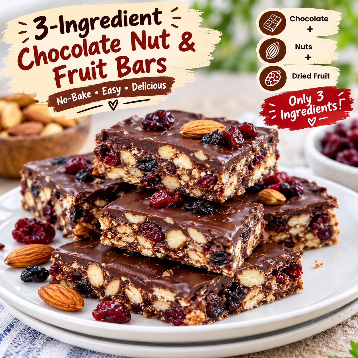 Easy 3-Ingredient Chocolate Almond Bars with Dried Fruit – No-Bake Treat 1 1222