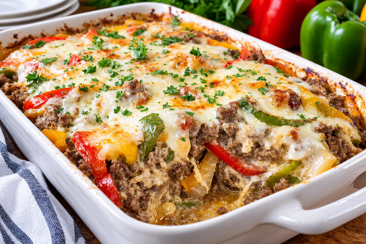 High-Protein Keto Philly Cheesesteak Casserole with Ground Beef 1 186