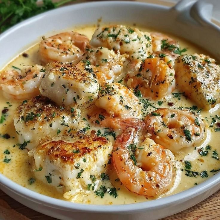 Easy Creamy Seafood Skillet with Shrimp and Fish in Garlic Parmesan Sauce 1 Creamy Shrimp and Fish Medley – Easy Garlic Butter Seafood in a Rich Cream Sauce