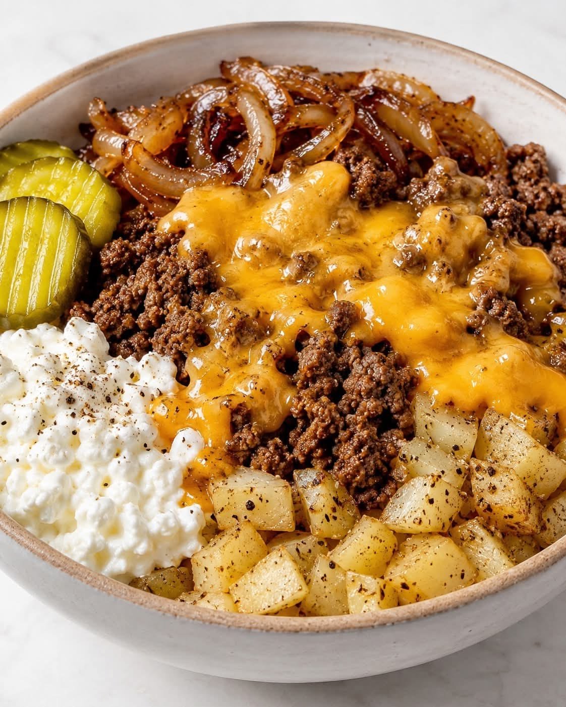 High Protein Beef Cheeseburger Caramelized Onion Cottage Cheese Bowls