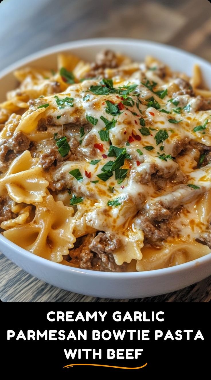 High Protein Creamy Garlic Parmesan Beef Bowtie Pasta Recipe