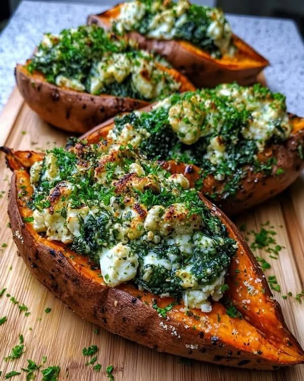 Spinach & Ricotta Stuffed Sweet Potatoes with Herb Drizzle | High Protein Recipe 1 Spinach Ricotta Stuffed Sweet Potatoes