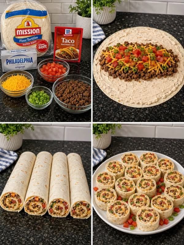 Easy Taco Tortilla Pinwheels with Cream Cheese and Seasoned Beef 1 Taco Tortilla Pinwheels