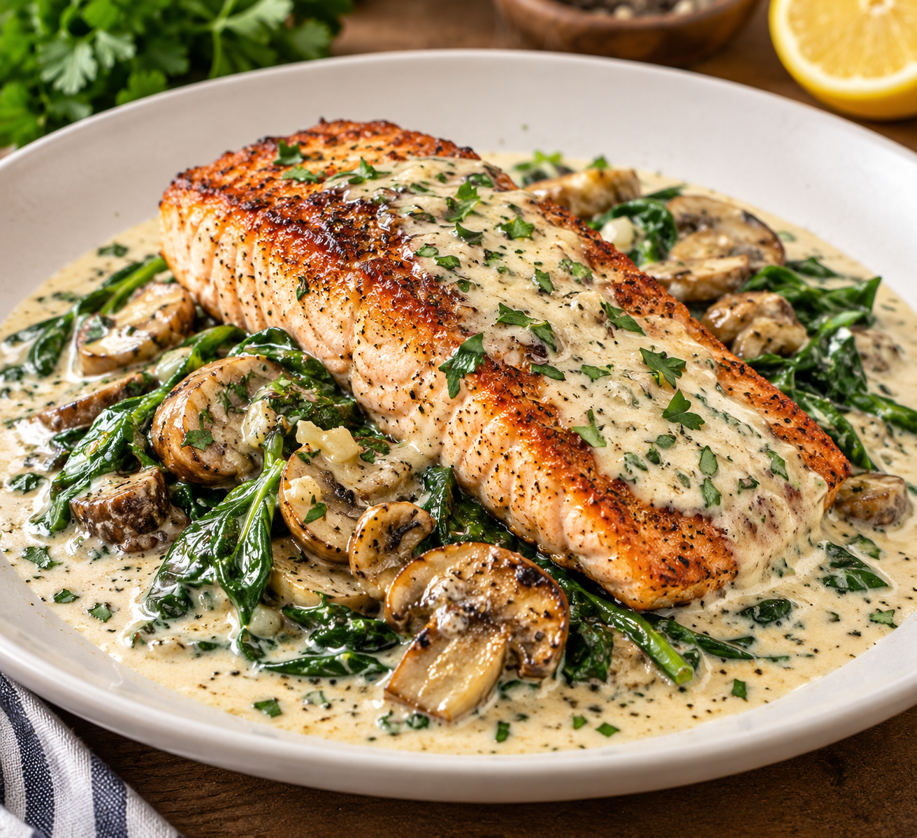 Garlic Butter Salmon with Spinach and Mushrooms in Creamy Sauce 1 qqqqq